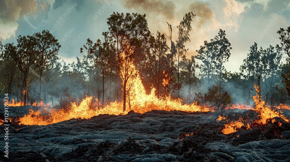 Molten lava engulfing trees and vegetation. Molten lava engulfing trees and vegetation.