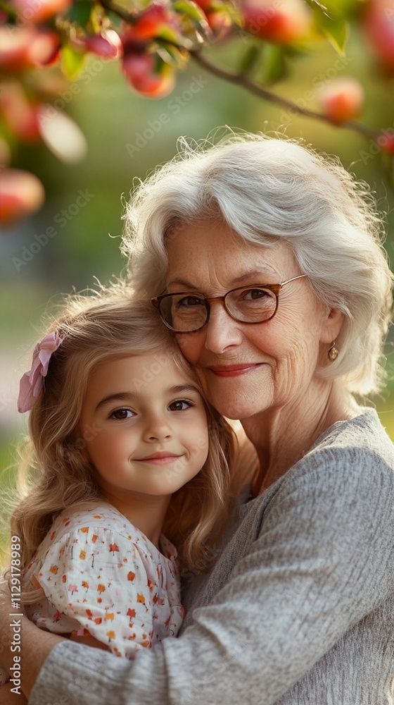 A heartwarming autumn moment captured in the garden as grandmother and granddaughter share a tender embrace under an apple tree, creating precious memories together. A heartwarming autumn moment captured in the garden as grandmother and granddaughter share a tender embrace under an apple tree, creating precious memories together.
