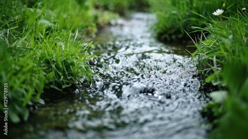 Gentle spring water cascades through lush greenery adorned with vibrant blossoms nearby