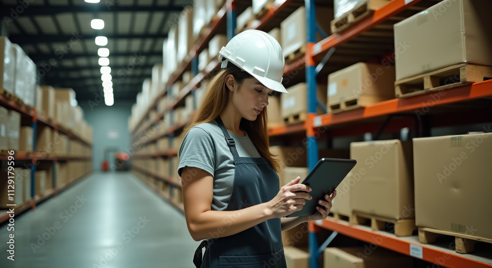 Young woman Storekeeper checks goods in stock with tablet in hands