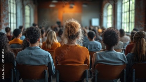 Diverse audience attentively listening to a presentation in a large, industrial-style room.