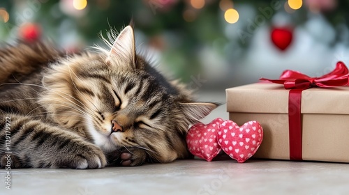 Cozy Valentine s Day Cat Napping Beside Gift and Hearts photo