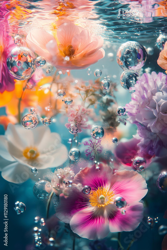 Whimsical underwater composition of colorful vibrant flowers, with air bubbles and soft reflections adding a surreal, dreamlike quality