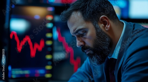 A thoughtful individual analyzes fluctuating stock market graphs on computer monitors in a dark office setting, representing the complexities of financial trading and decision-making.