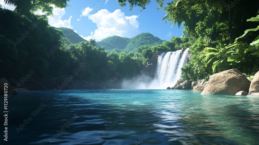 Fototapeta premium Lush tropical waterfall cascading into a tranquil pool, surrounded by dense jungle foliage and mountains. Sunny day.