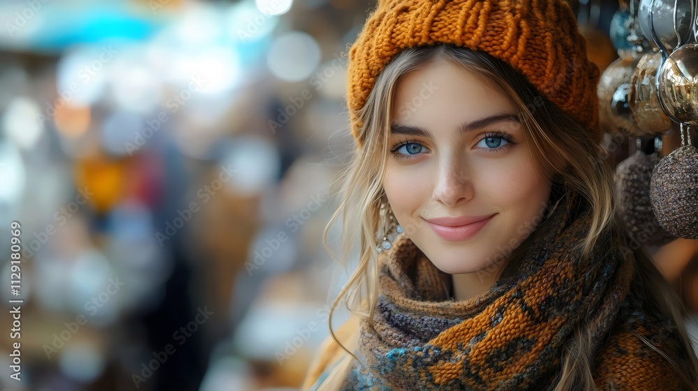 A woman wearing a yellow hat and scarf is smiling A woman wearing a yellow hat and scarf is smiling