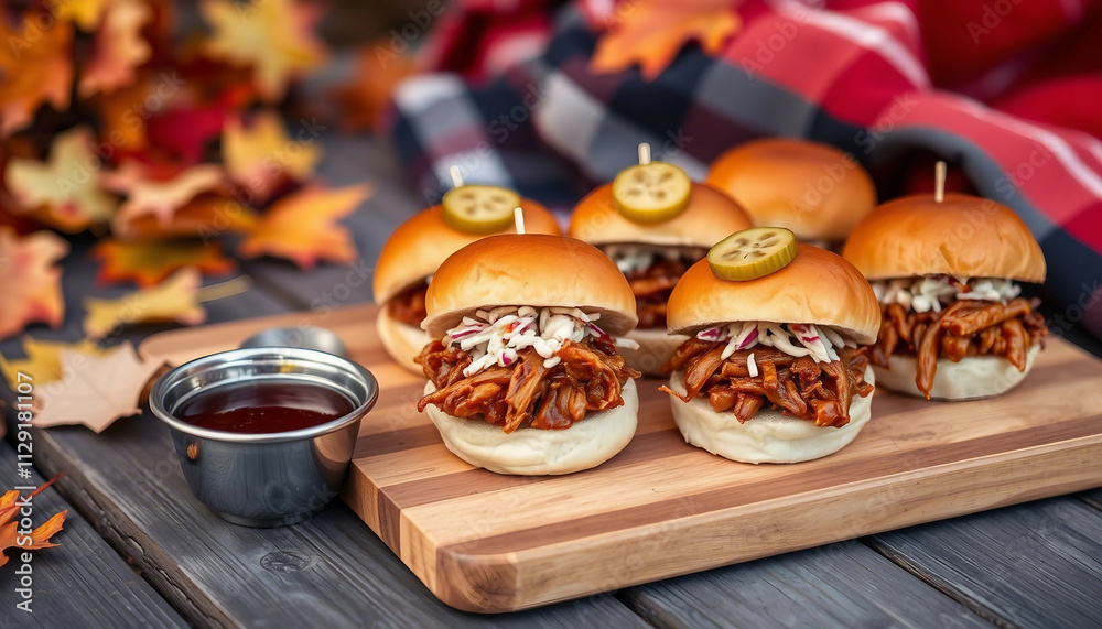 Four appetizing pulled pork sliders served on a plate with BBQ sauce, surrounded by fall decor and leaves. Four appetizing pulled pork sliders served on a plate with BBQ sauce, surrounded by fall decor and leaves.