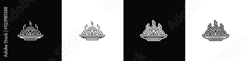 Hot noodles icon in a large plate with simple vector shape. Takeaway food icon. Ramen noodle vector graphic.Collection of flat and linear style noodle on black, white and transparent backgronds.
