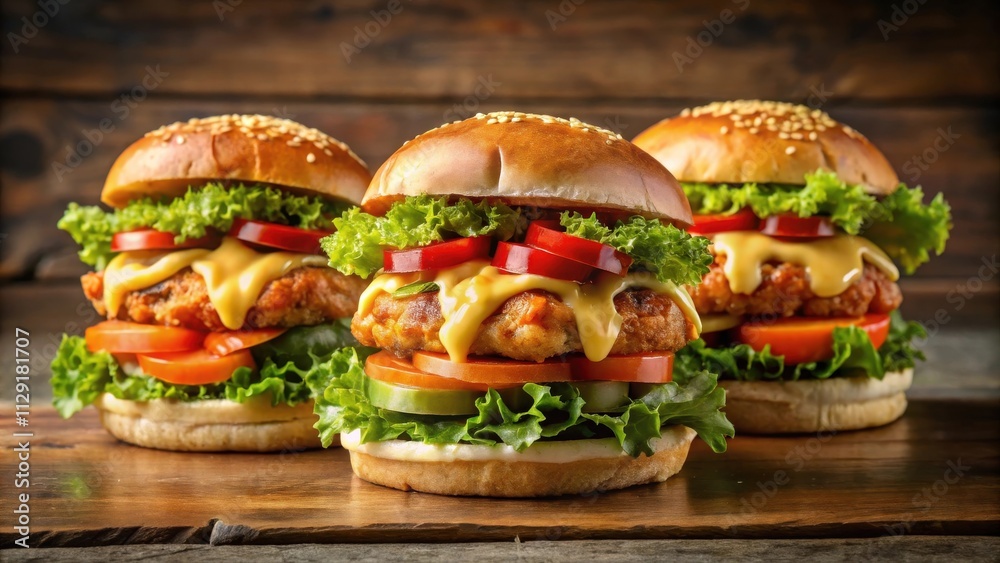 Three mouthwatering cheeseburgers with fresh lettuce, tomato, and melted cheese, resting on a wooden surface, ready to satisfy any craving. Three mouthwatering cheeseburgers with fresh lettuce, tomato, and melted cheese, resting on a wooden surface, ready to satisfy any craving.