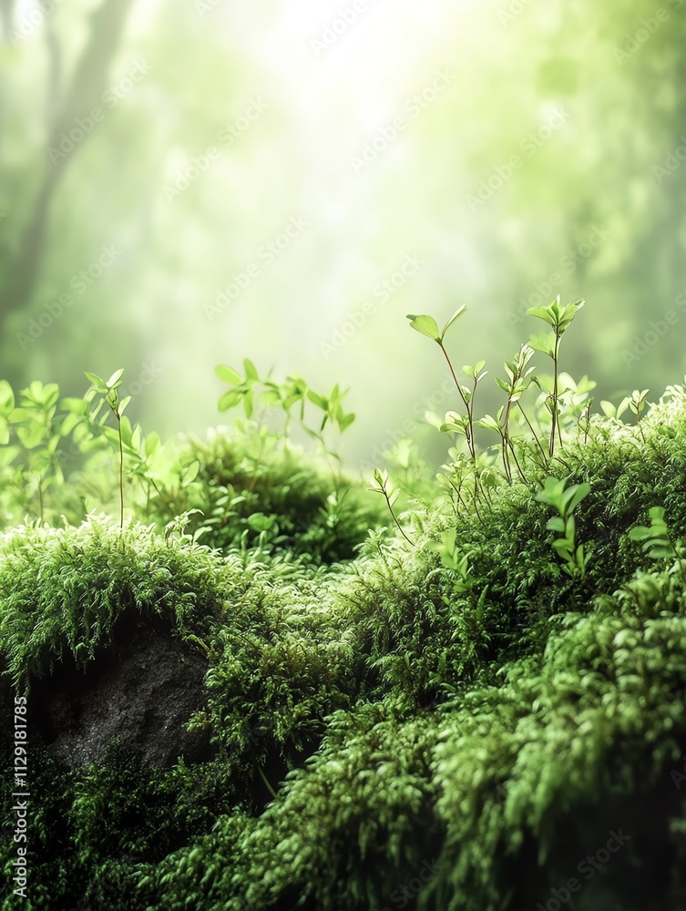 Lush Green Moss and Sprouting Plants in Forest Lush Green Moss and Sprouting Plants in Forest