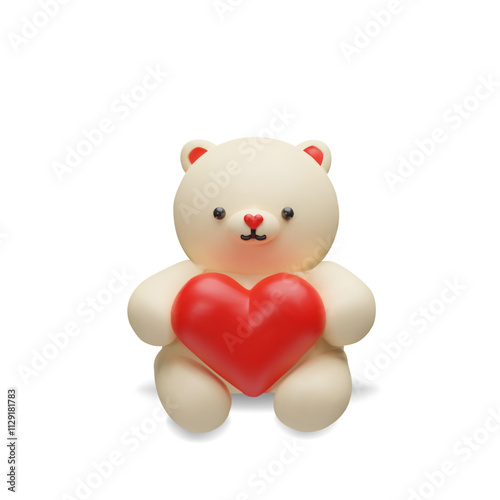 3d render teddy bear with heart. Three-dimensional soft toy for Valentines Day or anniversary. Cute romantic animal character for birthday. Present doll for children. Funny symbol for greeting.