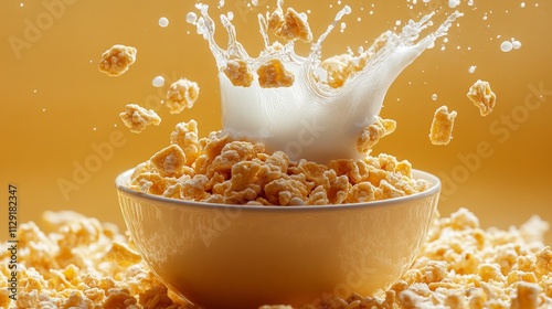 An energetic splash of milk collides with cereal in a bowl, highlighting the freshness and vigor of a nutritious breakfast, symbolizing vitality and a fresh start.