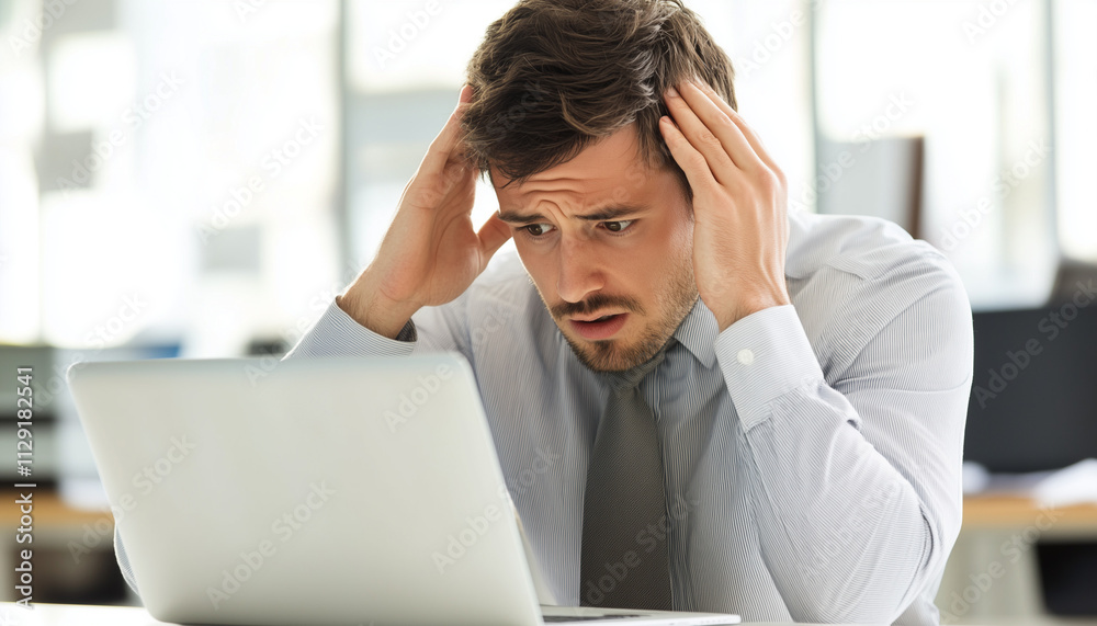worried manager staring at his laptop. businessman having headache worried manager staring at his laptop. businessman having headache