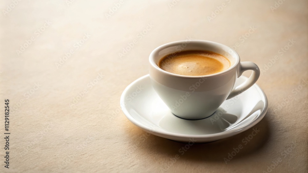A fresh cup of espresso with a creamy crema on top, served on a white saucer against a beige background. A fresh cup of espresso with a creamy crema on top, served on a white saucer against a beige background.