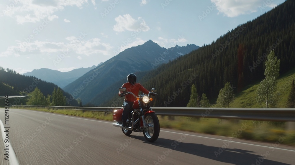 Motorcyclist riding along scenic mountain road. Motorcyclist riding along scenic mountain road.
