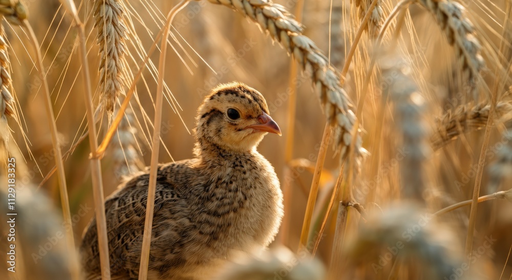 Young pheasant in golden wheat field with warm evening light Young pheasant in golden wheat field with warm evening light