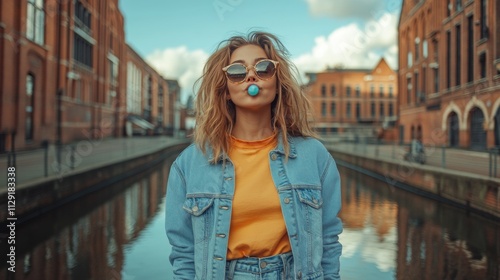 Stylish woman wearing denim jacket and sunglasses, blowing bubblegum amidst a vibrant urban setting, capturing essence of modern street fashion and carefree attitude.