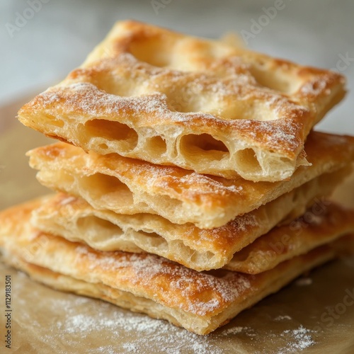 A stack of freshly baked cromboloni with golden, crispy dough and visible layers. photo