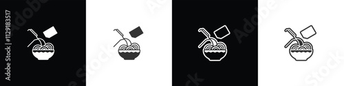 Brewed noodles icon. Instant noodles brewed with spices. Instant food icon. Ramen noodle vector graphic. Collection of flat and linear style noodles on black, white and transparent background.