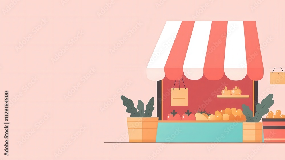 Obraz premium Eco-Friendly Renewal Through Recycling concept. A colorful market stall with a striped awning, showcasing various fruits and vegetables in a charming, minimalist design.