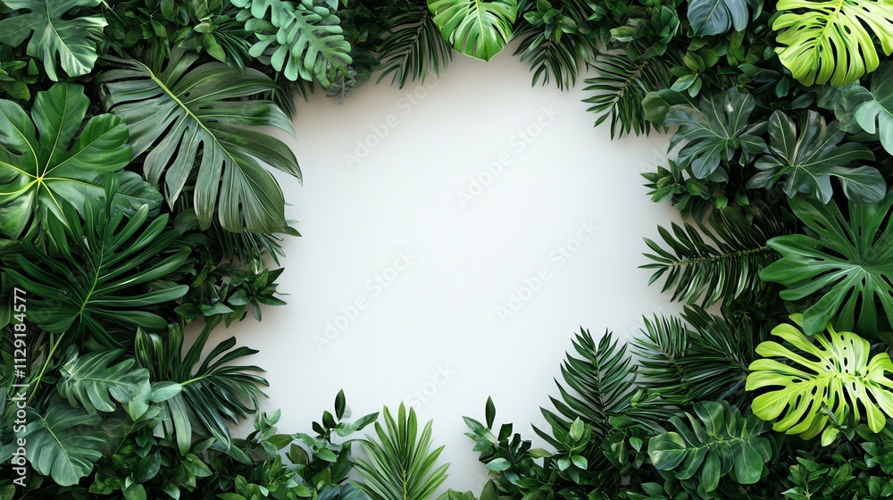 Lush Tropical Leaves Frame on White Background Lush Tropical Leaves Frame on White Background