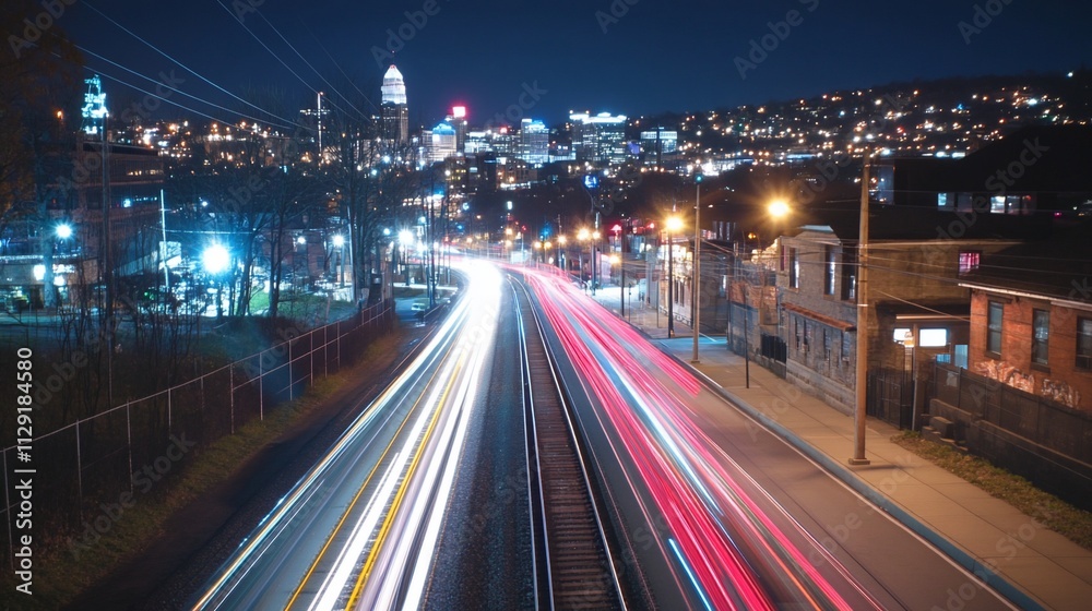 Obraz premium Night city highway traffic light trails.