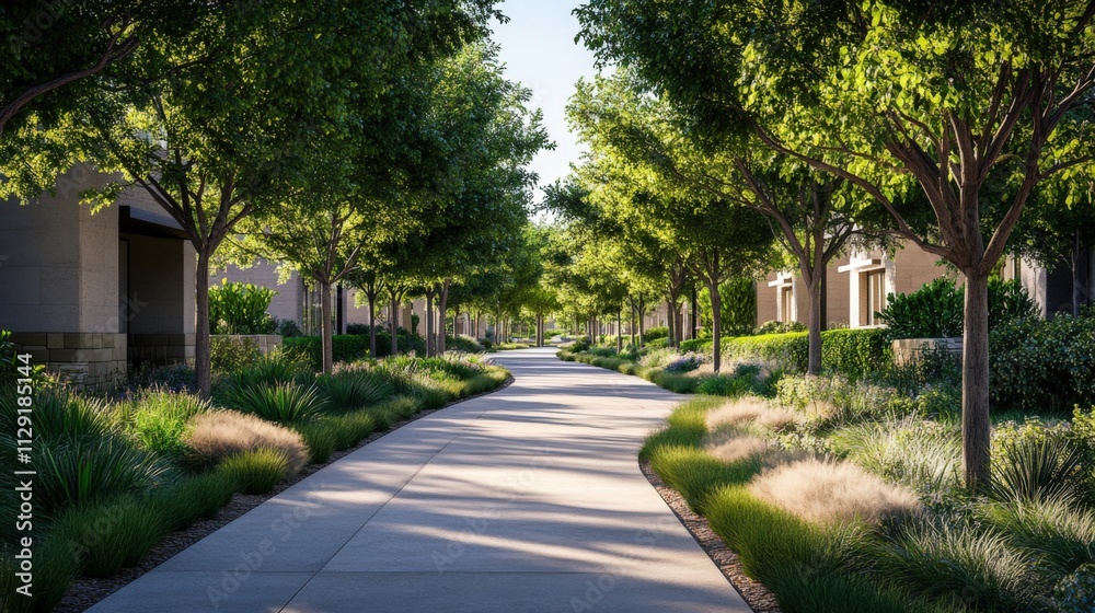 peaceful tree-lined pathway in a residential area peaceful tree-lined pathway in a residential area