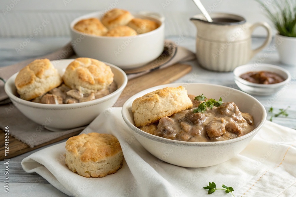 there-is-a-biscuits-and-gravy-dishes-on-the-table there-is-a-biscuits-and-gravy-dishes-on-the-table