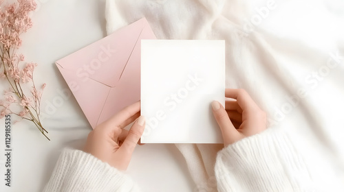 person holding blank greeting card with pink envelope, surrounded by soft textures and flowers