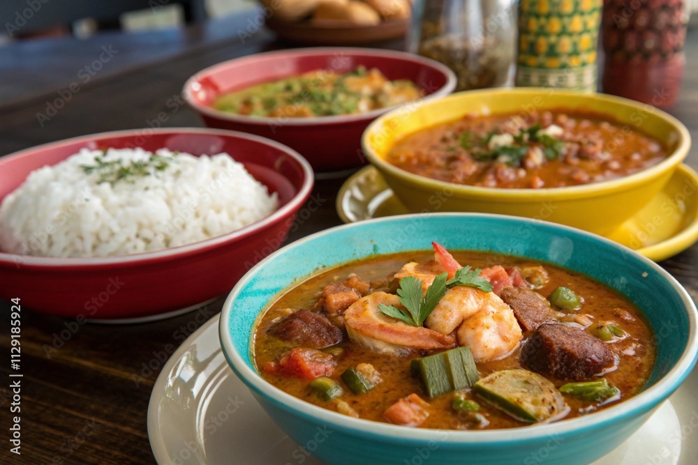 There is a Gumbo dishes on the table