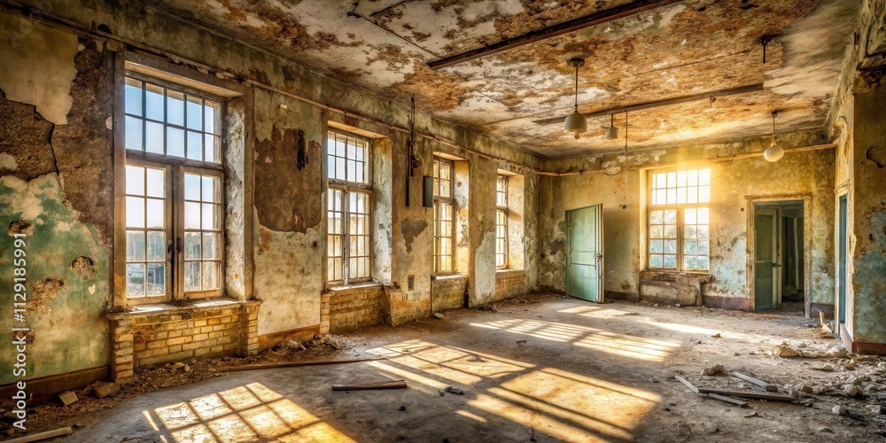 Sunlight streams through windows in a dilapidated room, casting long shadows on the dusty floor, revealing the passage of time and the slow decay of a forgotten space. Sunlight streams through windows in a dilapidated room, casting long shadows on the dusty floor, revealing the passage of time and the slow decay of a forgotten space.