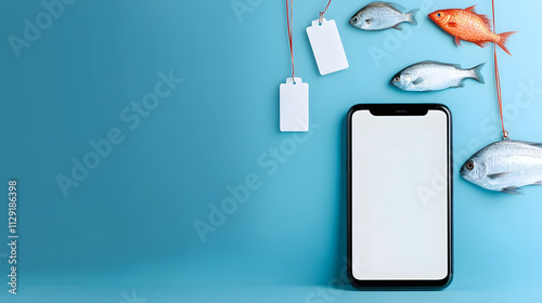 smartphone with blank screen surrounded by fish and tags, symbolizing phishing photo