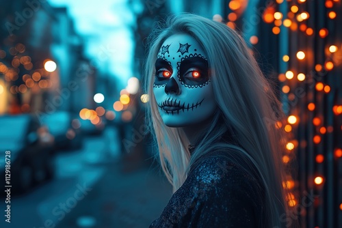 Woman in sugar skull makeup with glowing eyes against night lights. Horror fantasy concept photo