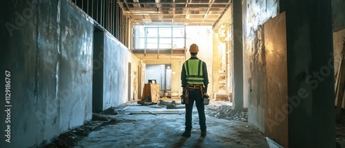 construction worker observing building progress in a modern interior