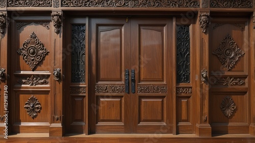 Ornate double wooden doors with intricate carvings.