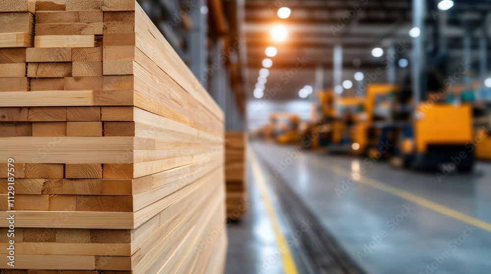 Obraz premium Stacked wooden boards in industrial facility with machinery. Manufacturing storage concept