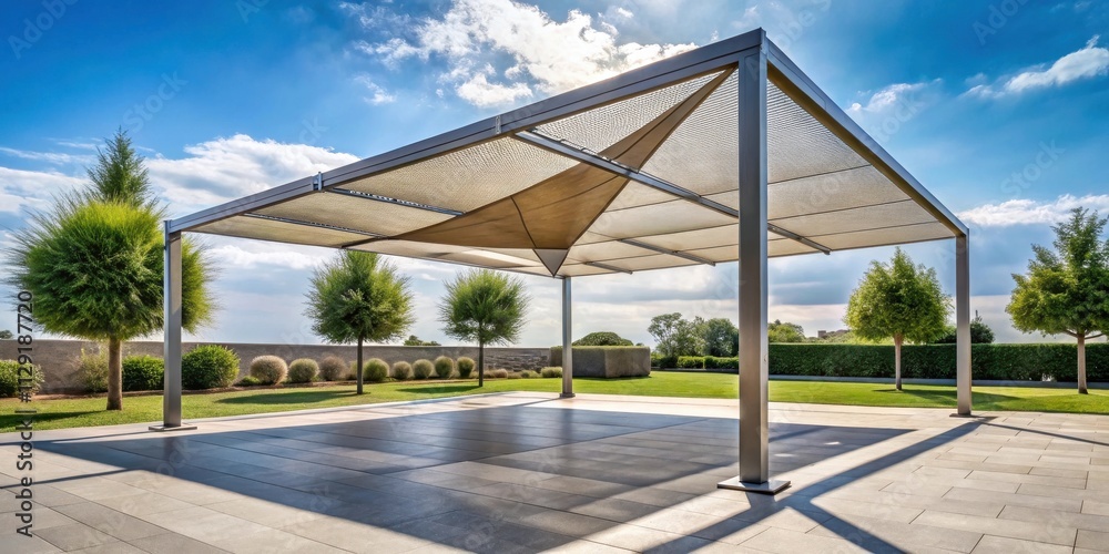 A modern pergola with a mesh canopy creates a shaded outdoor space in a lush green garden A modern pergola with a mesh canopy creates a shaded outdoor space in a lush green garden