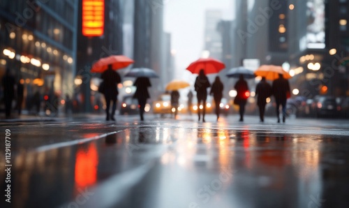 Rainy city street scene with pedestrians.