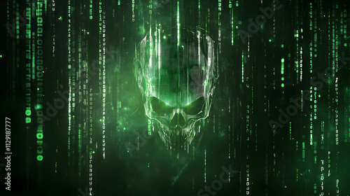 Digital skull in green binary code environment, representing hacker threats