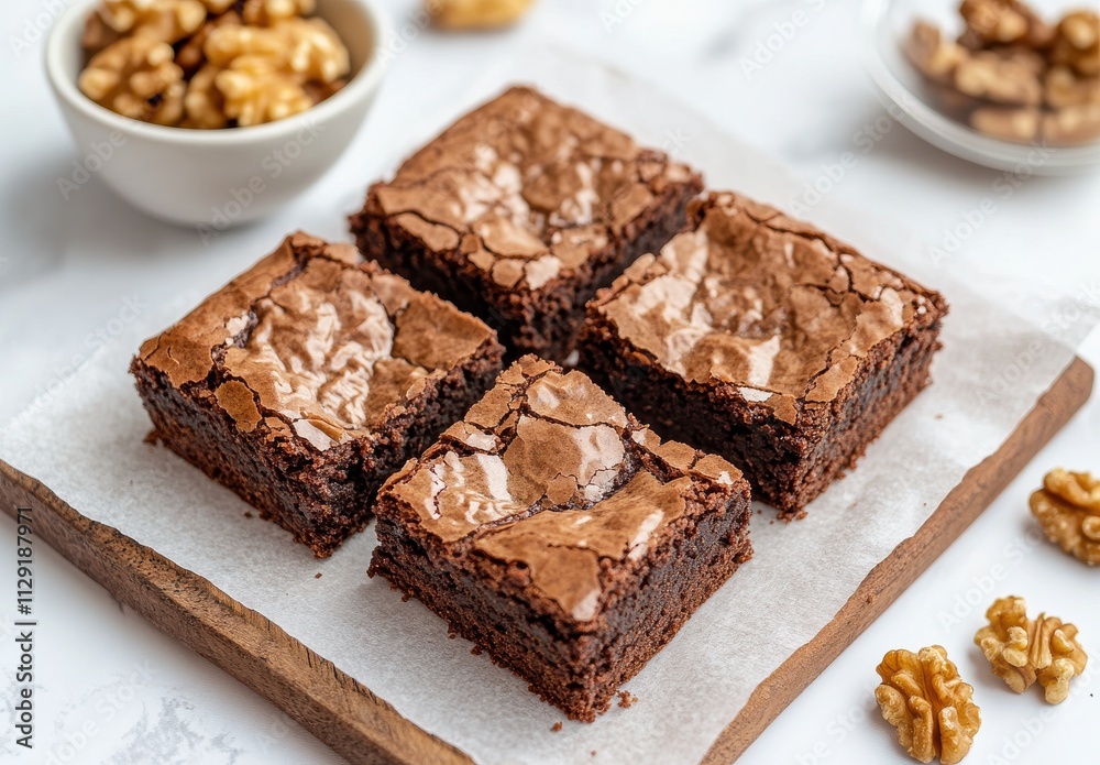 Delicious Homemade Brownies with Walnut Toppings on a Wooden Board Surrounded by Chopped Nuts and a Bowl of Walnuts for a Perfect Dessert Treat
