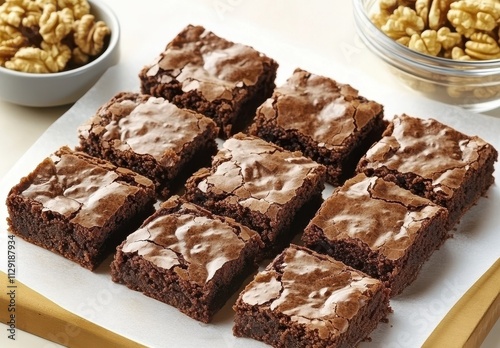 Delicious homemade brownies arranged neatly in a grid pattern with a side bowl of walnuts, perfect for dessert lovers and baking enthusiasts looking for sweet inspiration.