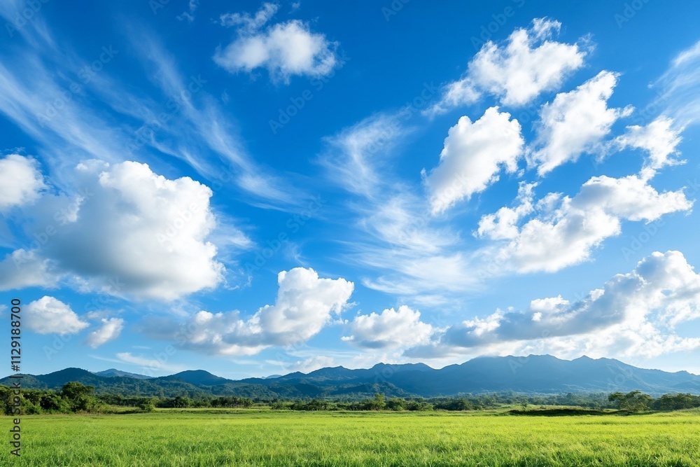 Scenic landscape of green field under vibrant blue sky with fluffy white clouds and distant mountains. Scenic landscape of green field under vibrant blue sky with fluffy white clouds and distant mountains.