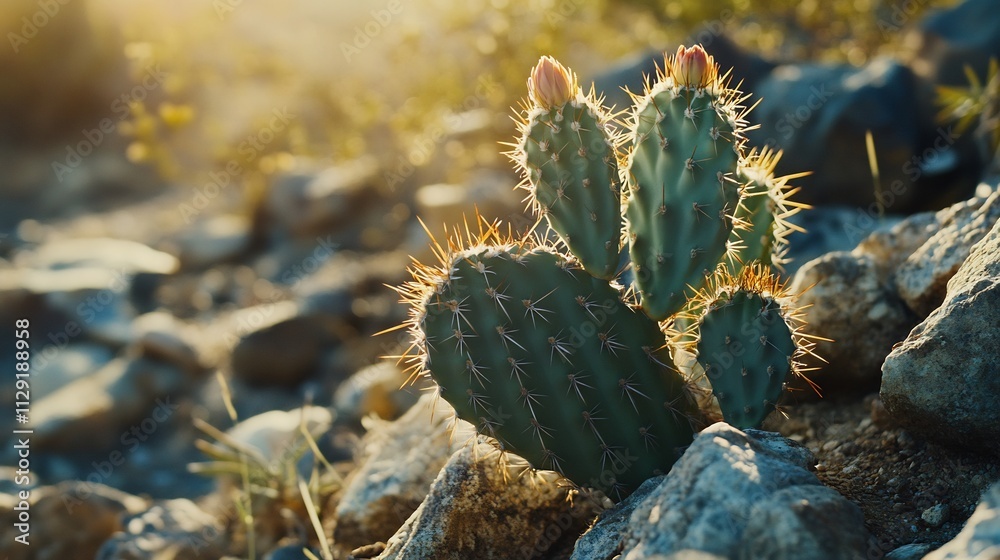 Stunning Sunset Illumination on a Prickly Pear Cactus in Rocky Terrain