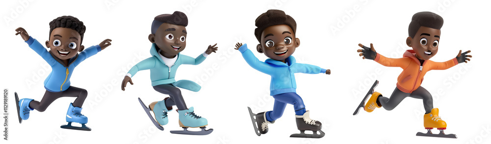 Collection of 3d render in cartoon style figure skating african american boys, cut out, isolated on transparent background. Collection of 3d render in cartoon style figure skating african american boys, cut out, isolated on transparent background.