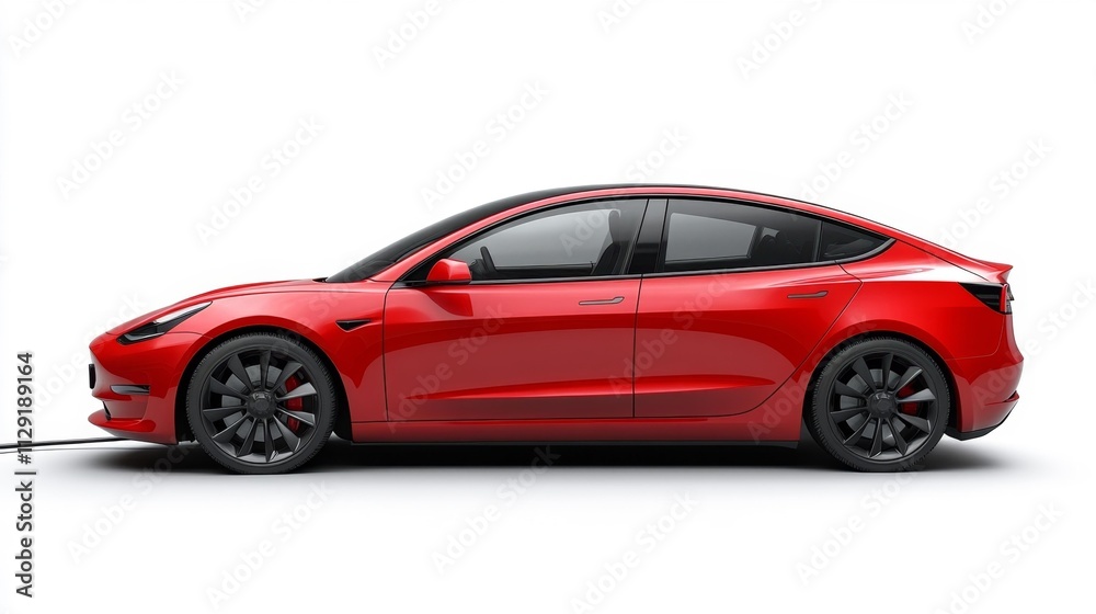 Red Electric Car on a White Background. Generative AI Red Electric Car on a White Background. Generative AI