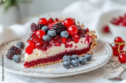 Delicious Slice of Cake with Fresh Berries on White Plate Surrounded by Textured Tablecloth and Soft Natural Light for Dessert Lovers and Food Photography