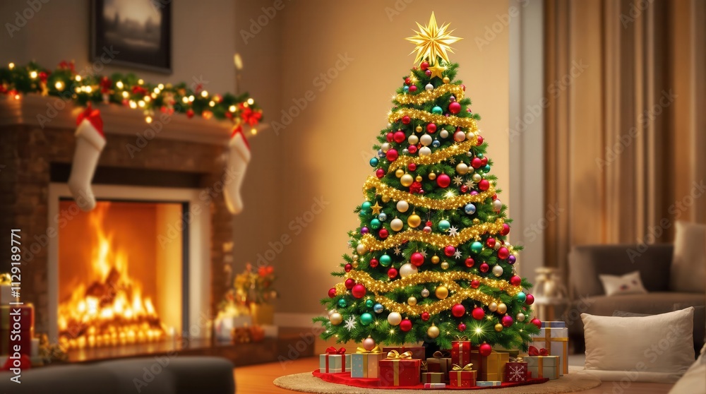A beautifully decorated living room featuring two vibrant Christmas trees, a cozy fireplace, and wrapped presents, creating a magical holiday atmosphere A beautifully decorated living room featuring two vibrant Christmas trees, a cozy fireplace, and wrapped presents, creating a magical holiday atmosphere