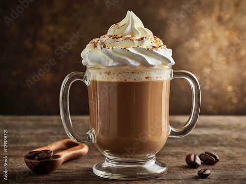 Un vaso elegante lleno de café espresso con una capa de crema batida en la parte superior, adornado con un toque de chocolate derretido