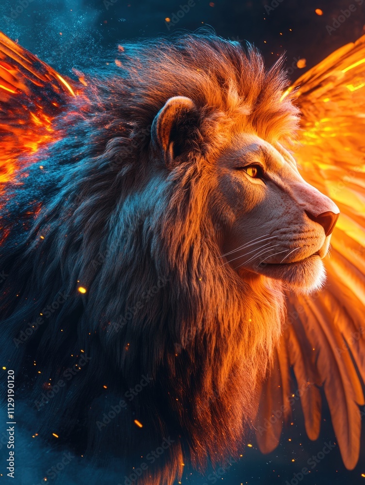 Naklejka premium Lion with fire in background
