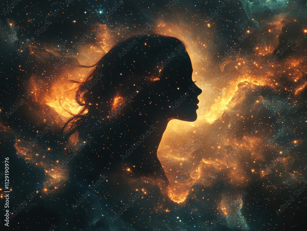 Cosmic reflection a black silhouette of a woman surrounded by stellar nebula digital art cosmic environment profile view identity exploration Cosmic reflection a black silhouette of a woman surrounded by stellar nebula digital art cosmic environment profile view identity exploration